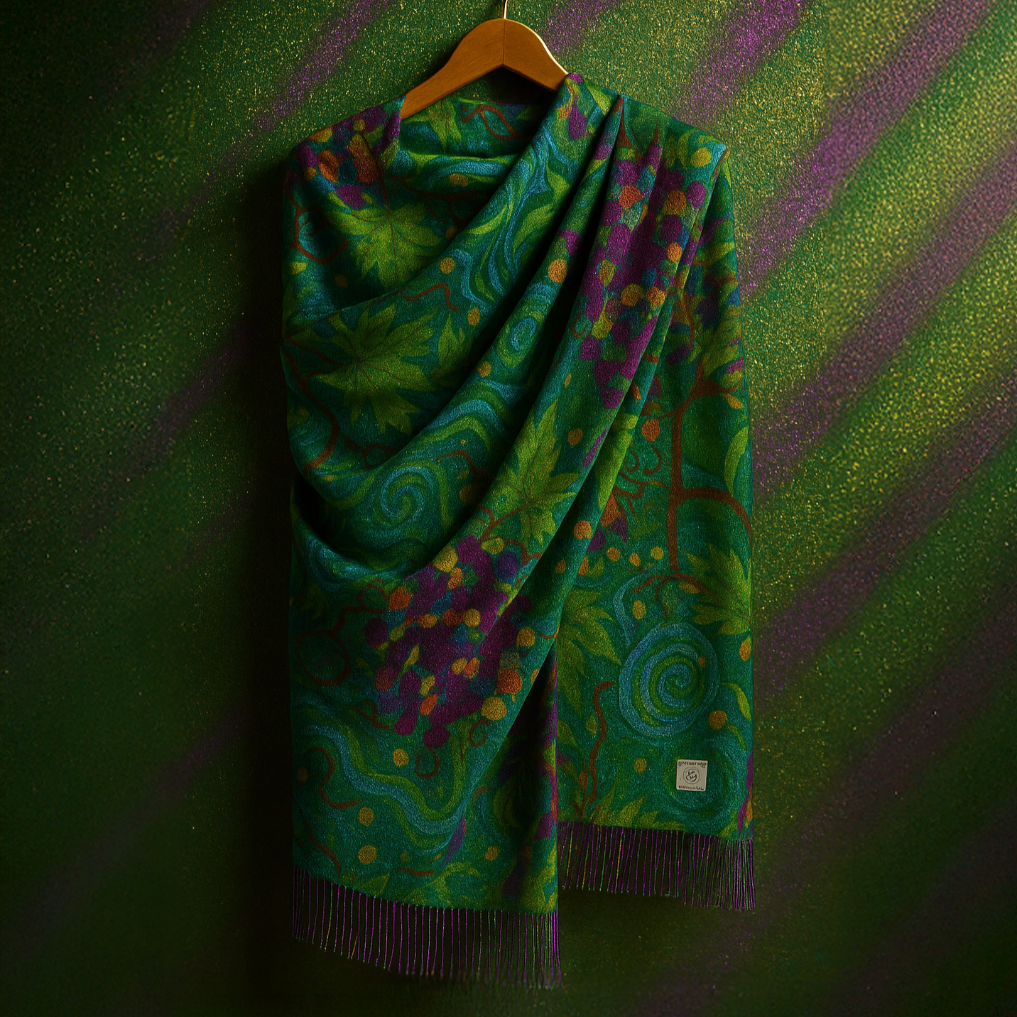 Green patterned scarf on a hanger against a green and purple striped wall